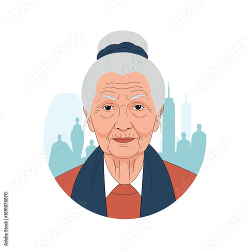 Elderly woman with gray hair bun and shawl standing in front of city skyline illustration