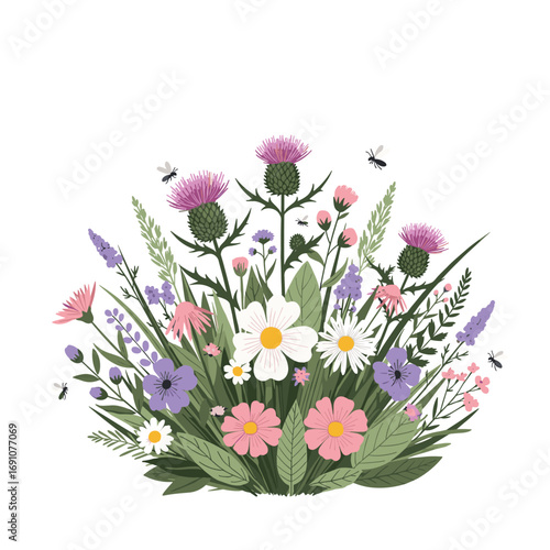 Whimsical summer meadow wildflowers garden gathering with delicate bees flying around