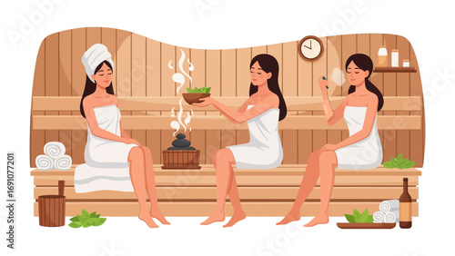 Relaxation in the Sauna: Serene women enjoying the calming heat and wellness benefits of a sauna. This image captures a tranquil moment of self-care and revitalization.