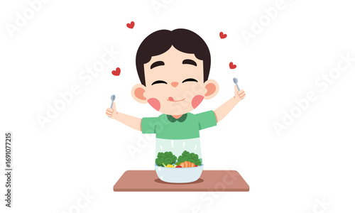 A happy child enjoys a healthy salad, expressing delight with raised arms and utensils.
