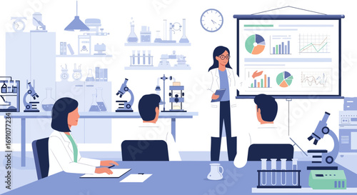 Scientific presentation in laboratory setting depicting analysis and discussion