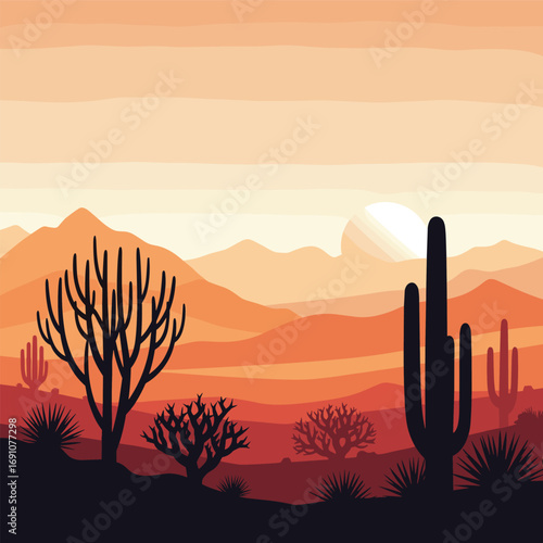 Vast arid desert landscape with silhouetted cacti under a setting sun