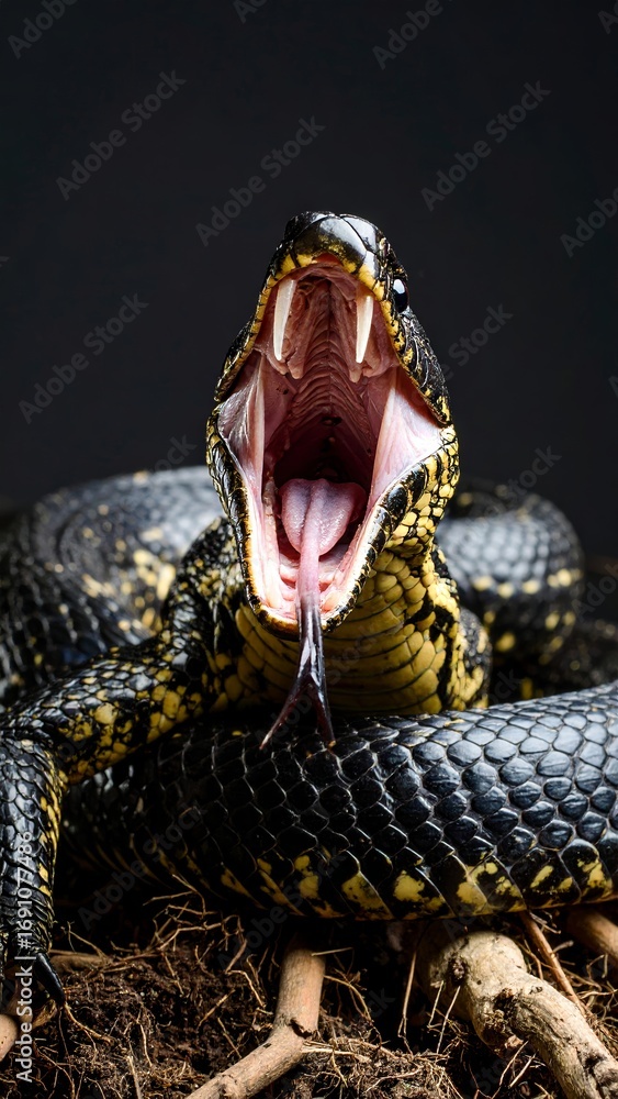 Fototapeta premium Detailed close-up of a hissing, venomous snake with its mouth wide open showcasing teeth