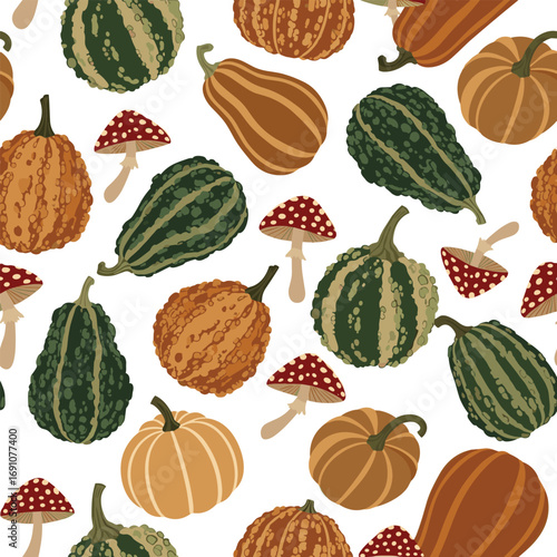 Autumn harvest gourds and mushrooms seamless pattern design