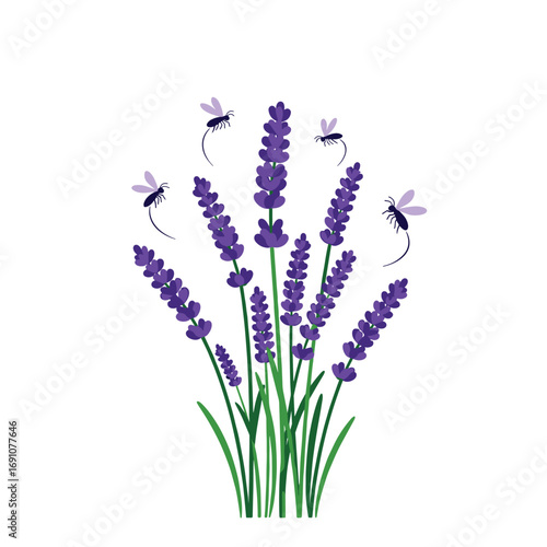 A delightful bunch of vibrant purple lavender flowers with tiny buzzing insects flying around them in a meadow