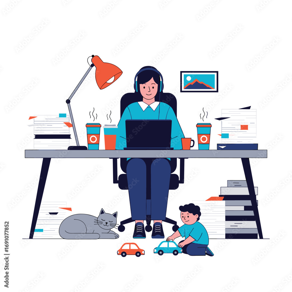 Fototapeta premium Woman working from home with child playing nearby and cat relaxing