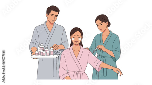 A woman receives a professional manicure from a skilled nail technician in a modern salon with a beauty professional holding a tray of supplies
