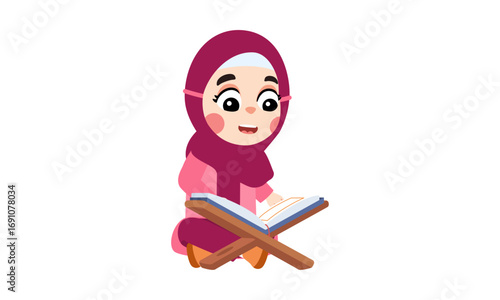 Cartoon girl in hijab reading the Quran, sitting cross-legged on the floor.