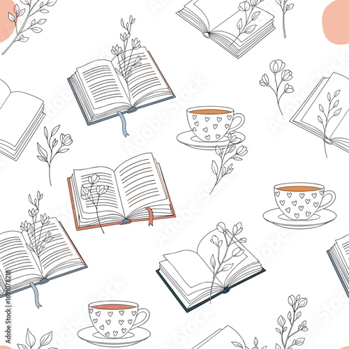 Delicate floral branches accompany open books and coffee cups seamless pattern design