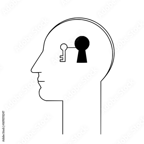 Unlocking the mind potential concept idea with key and keyhole human head silhouette vector illustration