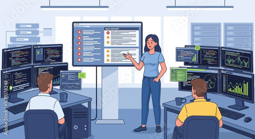 Team collaboration on software development and bug reporting in a modern office environment