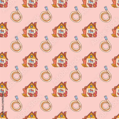 Seamless pattern with cartoon fire safety elements house on fire and hose flat style kids illustration