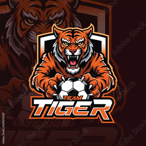 Tiger logo mascot for soccer team or club. tiger holding a soccer ball for gaming logo