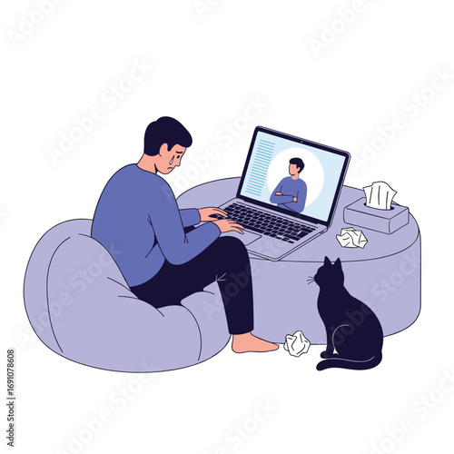 Person working on laptop with cat nearby and video call on screen