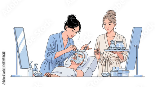 Relaxing hot stone massage therapy session with two therapists attending to a client on a table and another client seated nearby