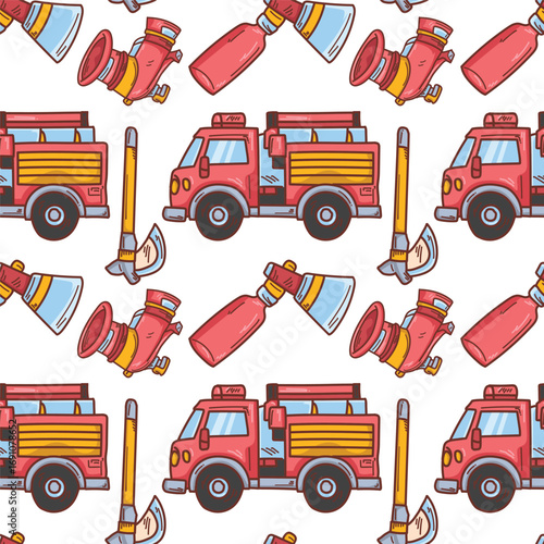 Seamless pattern with cartoon fire trucks and firefighting equipment illustration for kids design