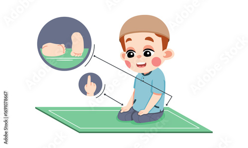 Illustration of a young boy kneeling on a prayer mat, performing a religious ritual.