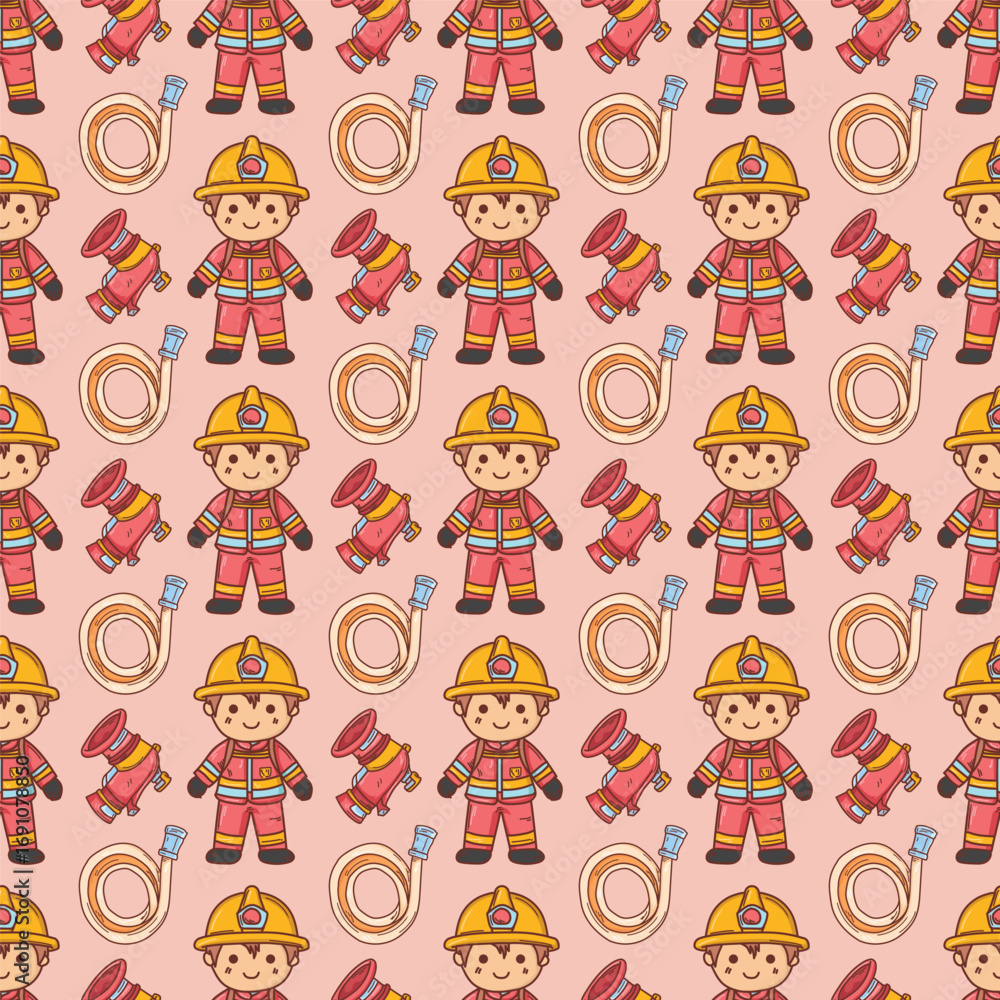 Fototapeta premium Seamless pattern with cute cartoon firefighters, fire hydrants and hoses in flat hand drawn style