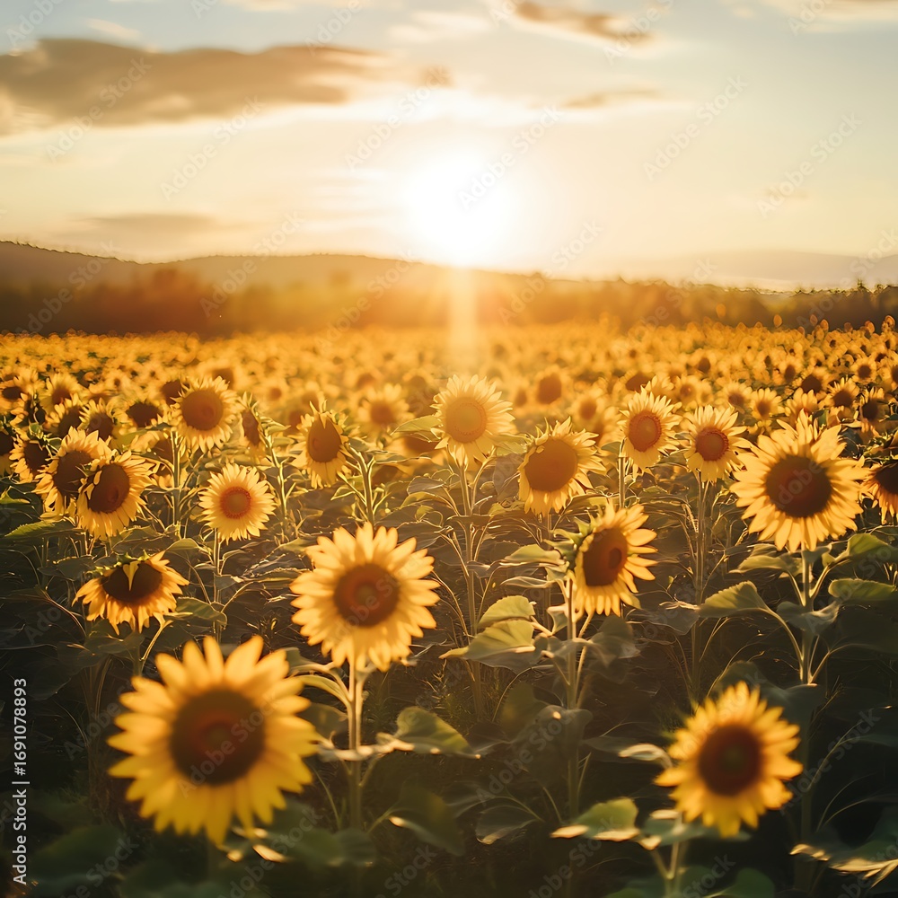 Fototapeta premium Golden hour sunflower field bathed in warm sunset light beautiful nature scene