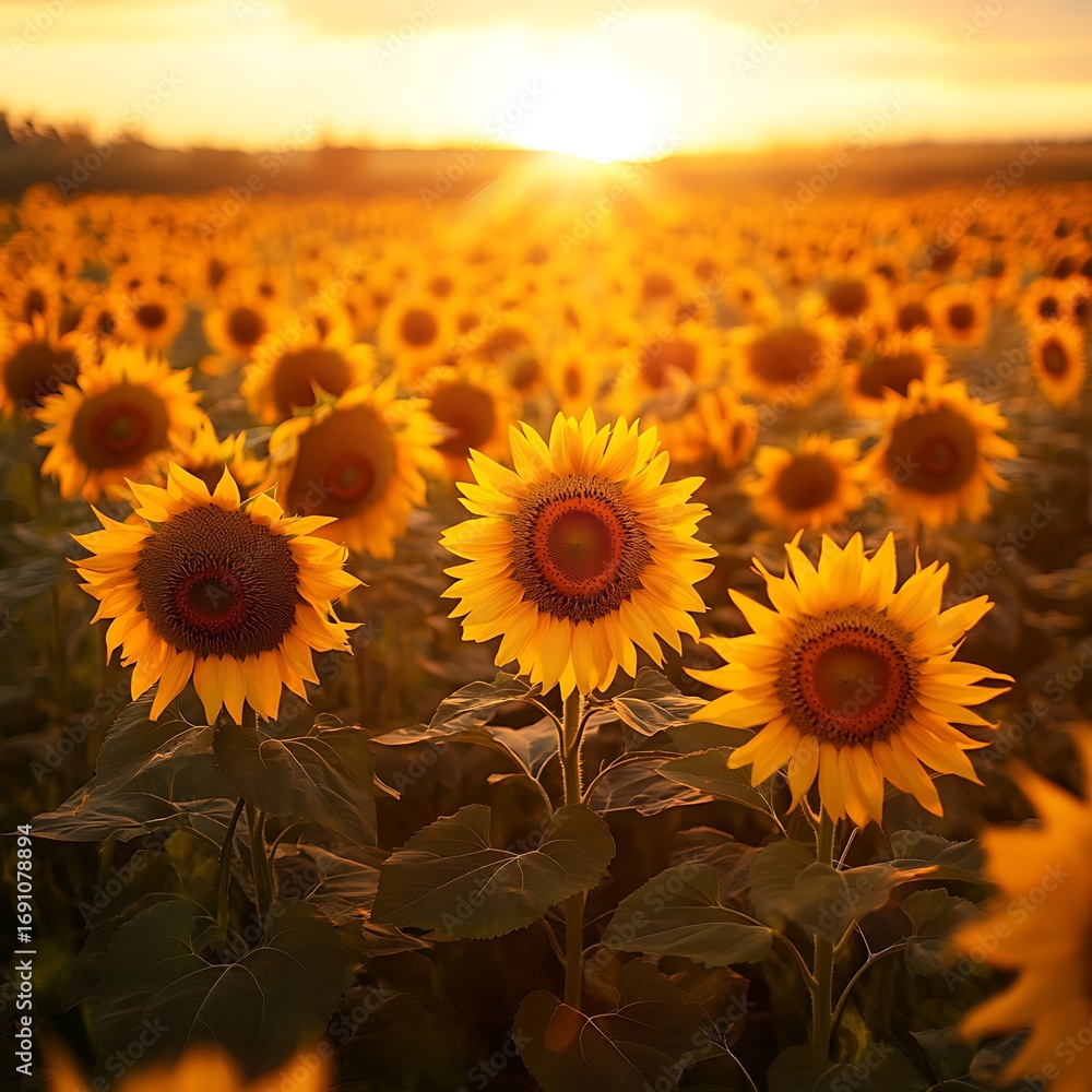 Fototapeta premium Vast sunflower field bathed in golden sunset light peaceful nature scenery