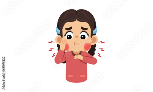 A young girl with a pained expression, clutching her cheek, showing signs of discomfort or illness.