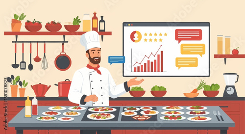 Chef presenting restaurant performance metrics with dishes prepared in the kitchen setting