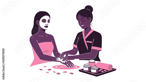 Relaxing spa scene with two therapists giving a hot stone massage to a woman on a massage table and a man sitting nearby