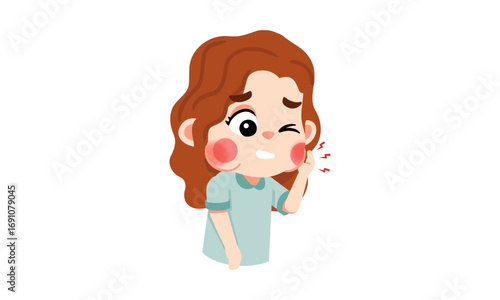 A young girl with wavy brown hair winks and holds her cheek, indicating she is experiencing pain or discomfort.