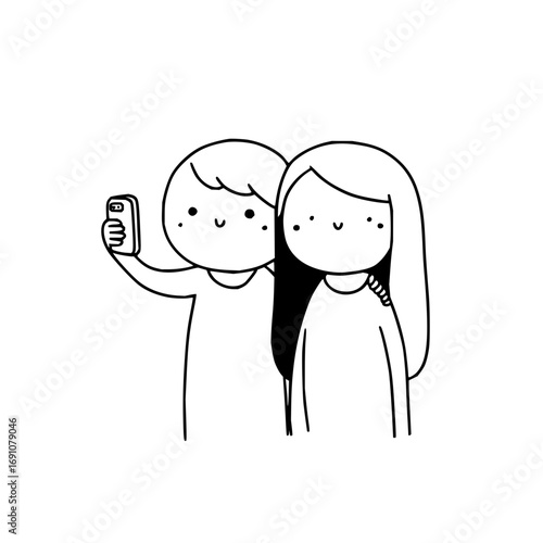 Cute cartoon couple taking selfie with smartphone vector illustration for friendship and love concept art