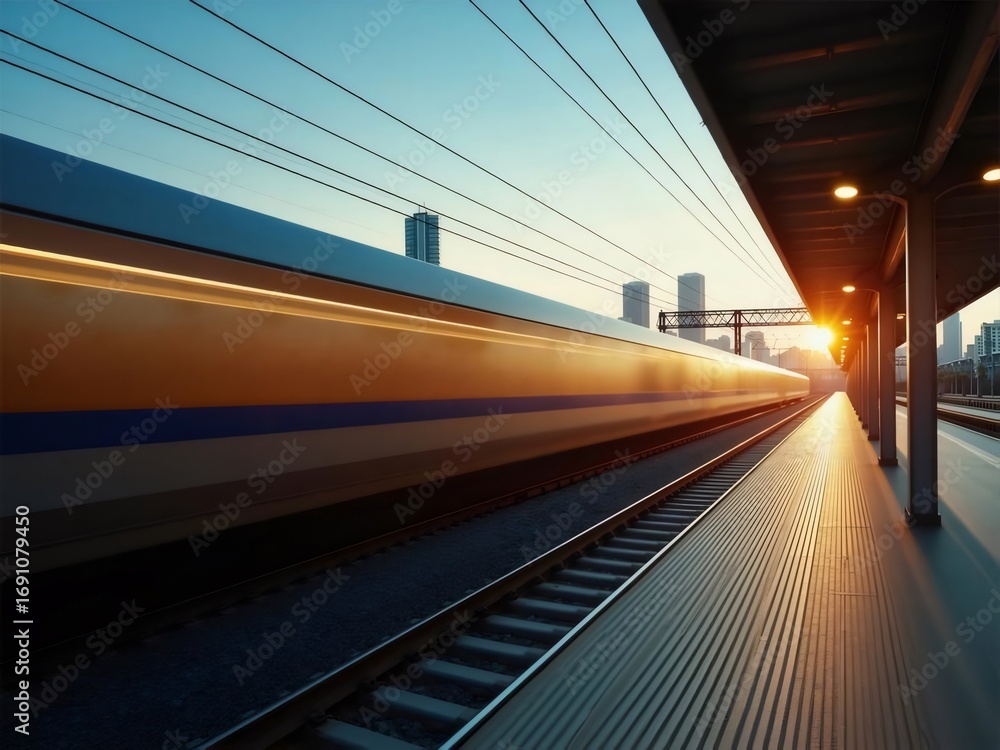 Obraz premium 高速列車が駅を通過する日本の夕暮れ時の風景 シルエットの都市景観と暖色の日の光が印象的