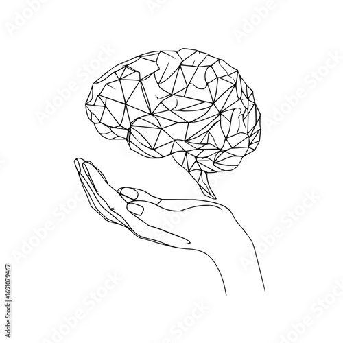 Brain health awareness illustration concept with hand holding geometric brain line art design for mental wellness