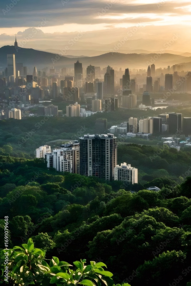 Obraz premium Golden Hour Cityscape View of Taipei Taiwan with Lush Green Hills and Misty Skyline