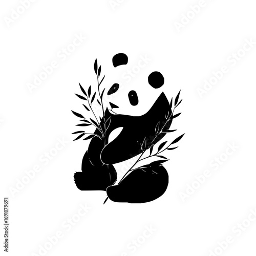 Panda bear illustration black and white drawing cute animal wildlife bamboo forest nature conservation art print