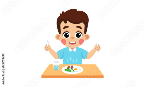 A cheerful cartoon boy eagerly preparing to enjoy his healthy and nutritious meal, emphasizing the importance of good diet and childhood well-being