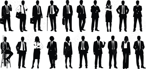 Business People Silhouettes in Varied Poses and Attire with Briefcases, Ideal for Teamwork, Diversity, Office, and Corporate Themes
