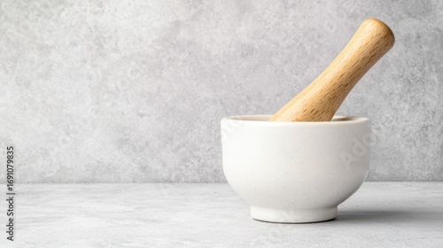 A white ceramic mortar and pestle with a wooden handle.