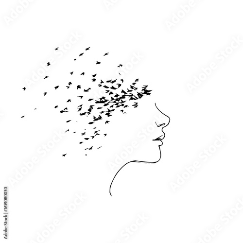 Woman face profile with birds flying away art print minimalist line drawing vector illustration design concept