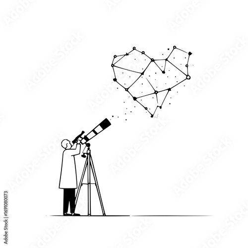 Telescope viewing heart constellation astrology love romance astronomy stars science illustration art design