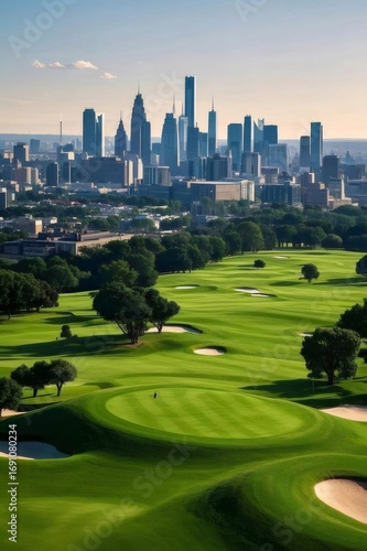 鮮やかな緑のゴルフコースと都会のスカイラインが調和する風景
