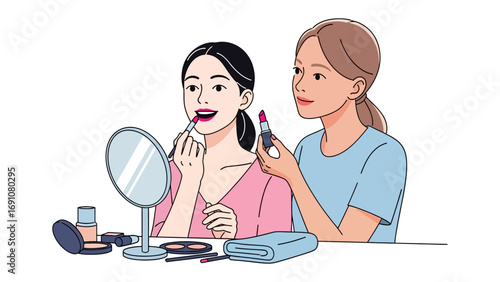 Relaxed woman in pink bathrobe and towel on lounge chair receiving facial treatment from spa professional with two friends nearby enjoying beauty services