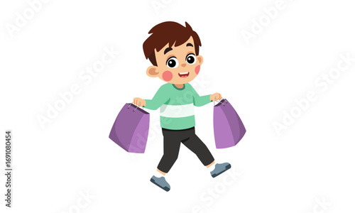 Happy boy carrying shopping bags, walking.