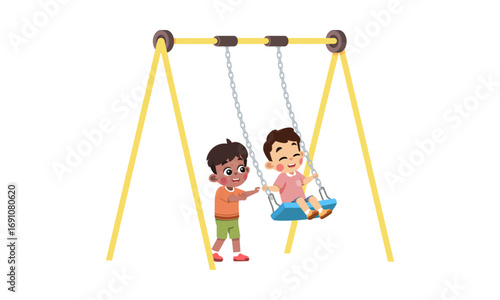 Two young boys enjoying a sunny day on a playground swing set, one pushing the other with a smile.
