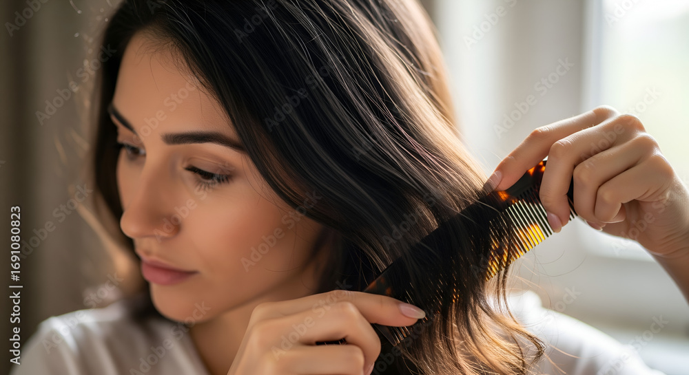 Fototapeta premium Woman Combing Long Brown Hair with Tortoise Shell Comb