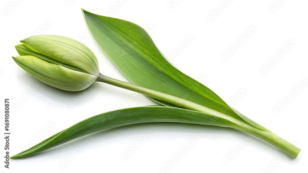Fototapeta premium White tulip with green leaves isolated on a white background