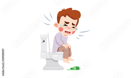 A cartoon boy with a stomach ache crying on the toilet, illustrating the pain of constipation or diarrhea.