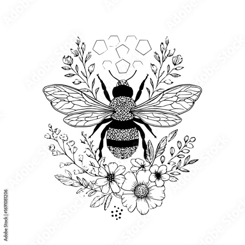 Detailed honey bee illustration with floral elements and honeycomb design black and white line art drawing
