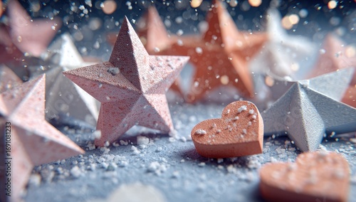 Pastel stars and heart, snowy backdrop