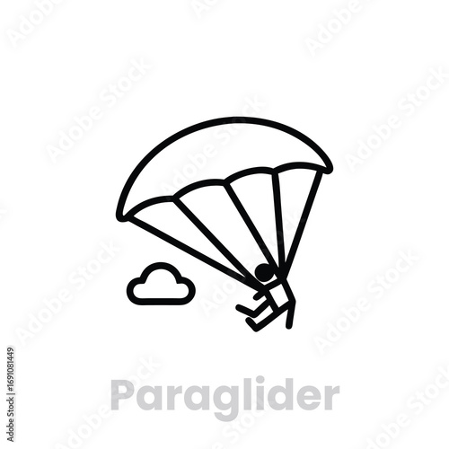 paraglider Vector icon vector art of a minimalist line drawing depicts a skydiver descending with a parachute, accompanied by a small cloud, , conveying a sense of adventure and freedom in the sky