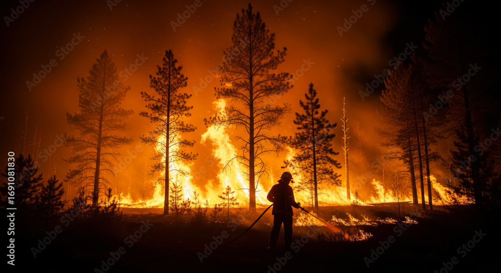 Fototapeta premium Firefighter Battling Forest Fire at Night, Courage Against the Inferno