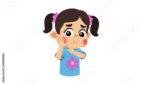 Cartoon girl with toothache, holding cheek and crying.